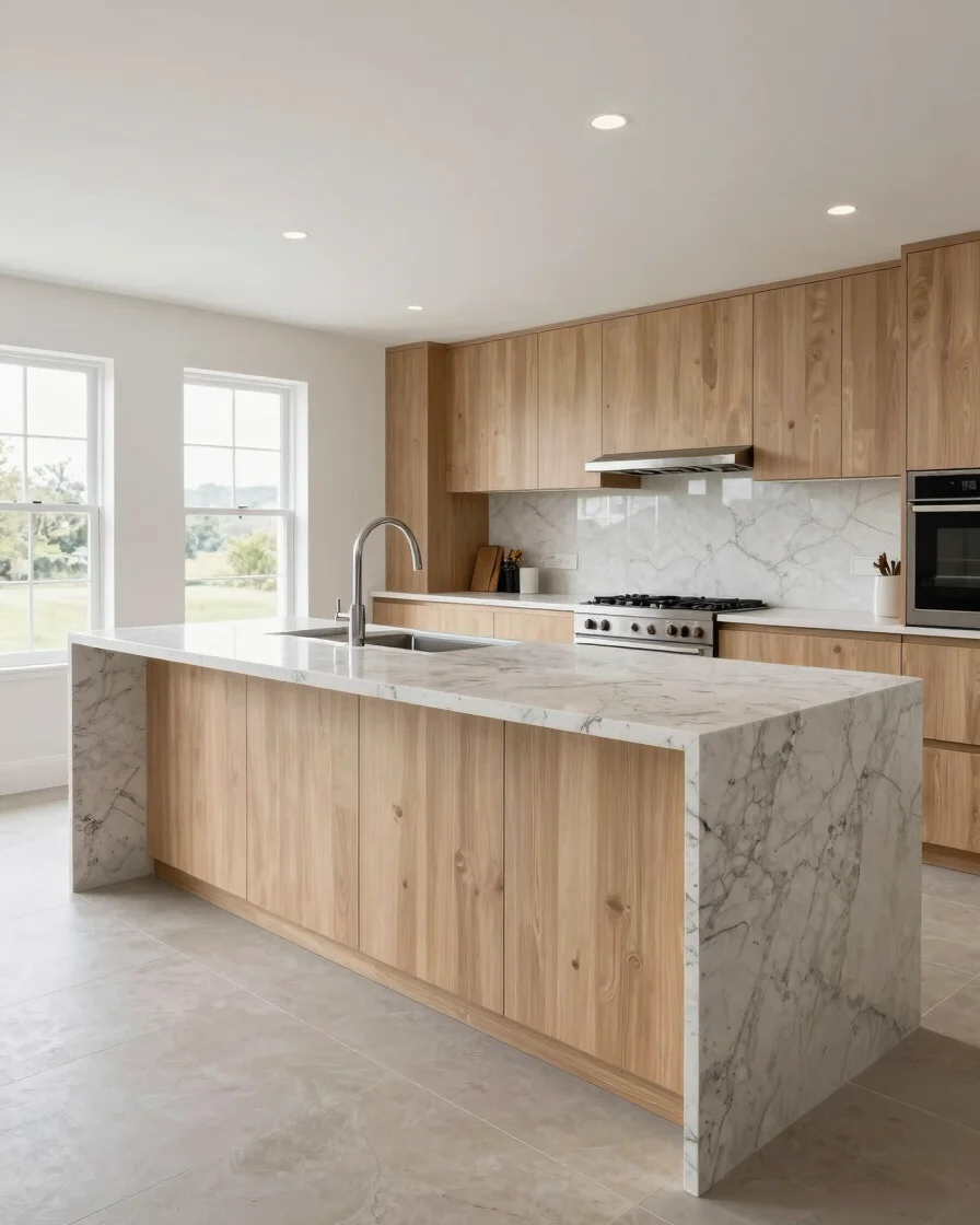 Wide architectural shot of a newly installed kitchen island with clean millwork and a quartz countertop, bright overcast
