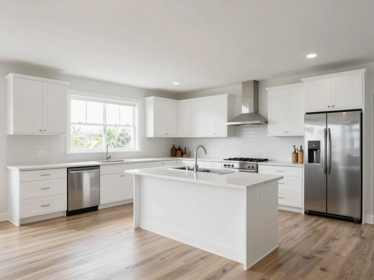 Clean, newly renovated kitchen interior with white cabinetry, stainless steel appliances, and a large island under brigh