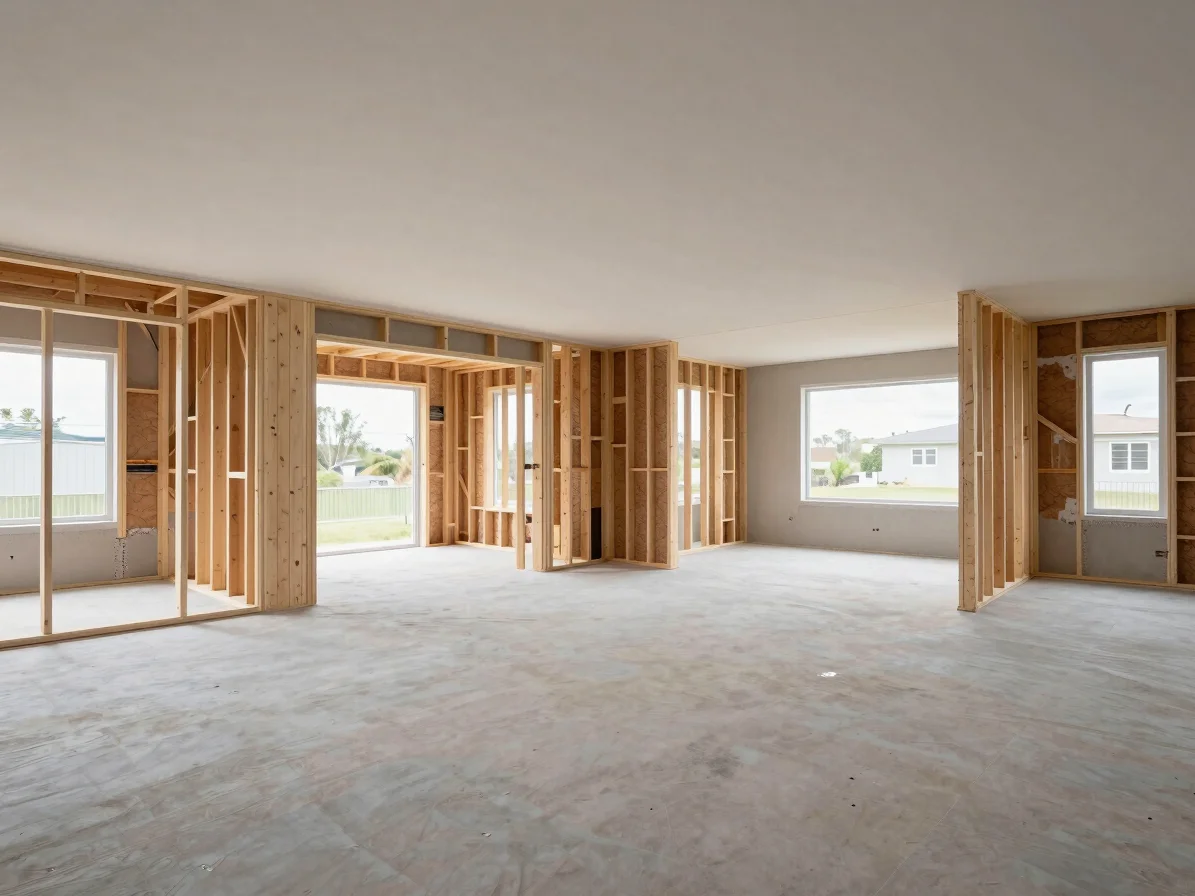 Interior view of a residential renovation with exposed, clean structural framing and new drywall installation under neut