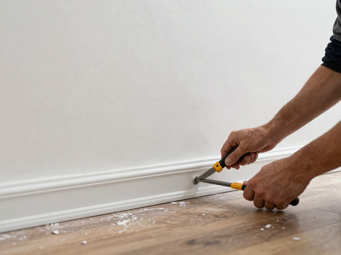 Close-up of a skilled tradesperson installing custom baseboard trim with precision tools in a newly painted room, sharp