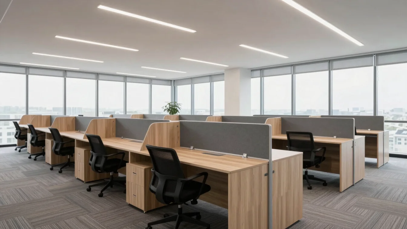 Newly completed commercial office interior with modular workstations, neutral color palette, and large windows, clean ar