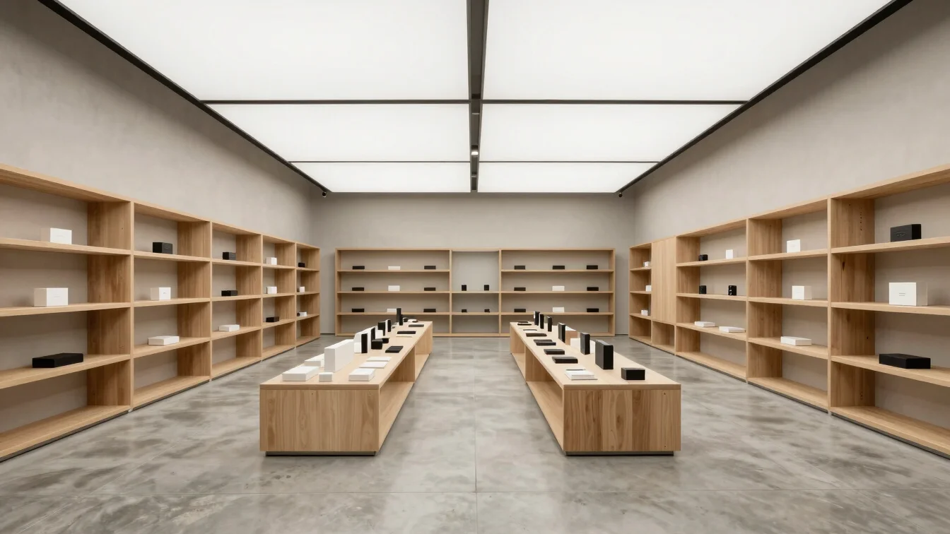 Modern retail storefront interior with minimalist display shelving and polished concrete floors, bright overcast dayligh