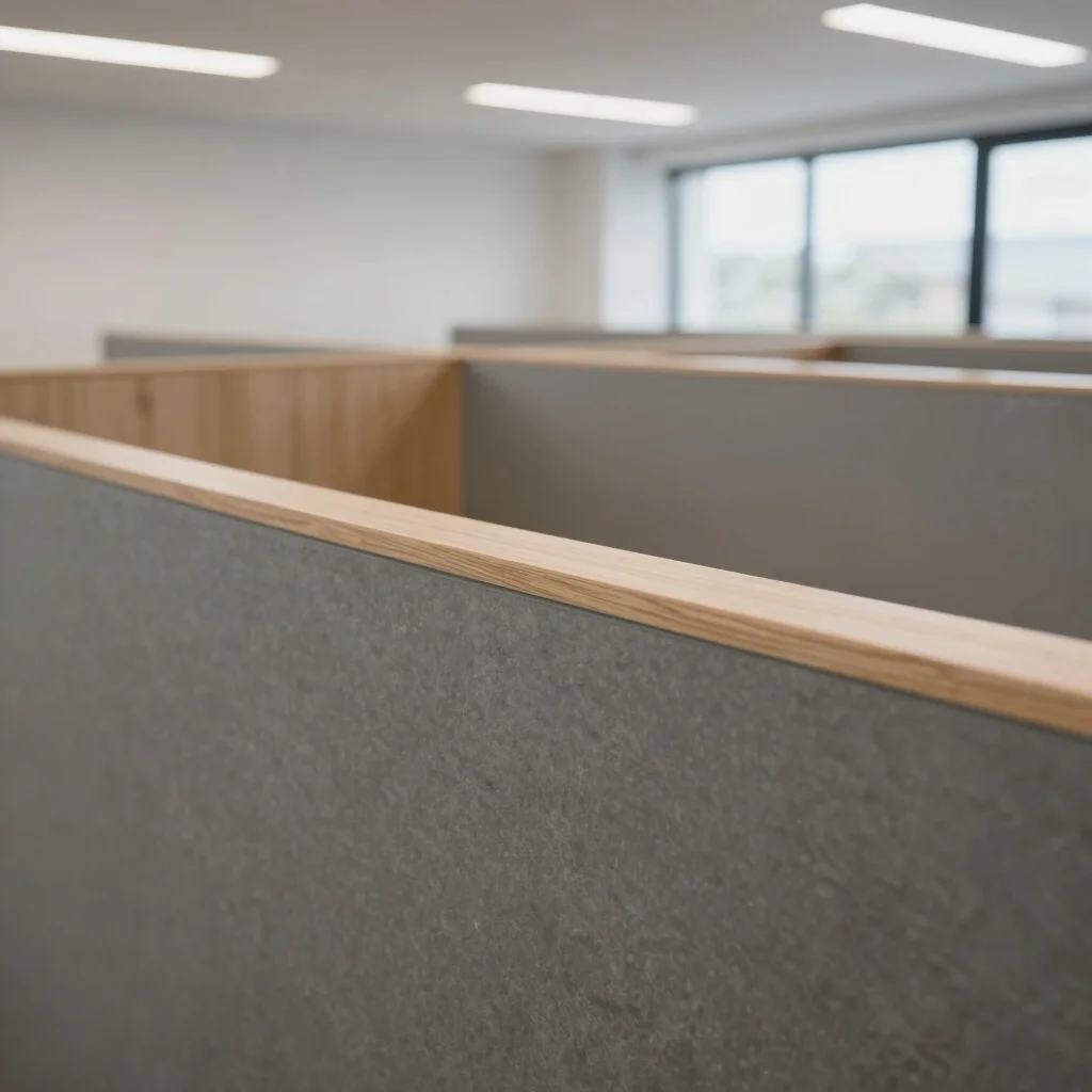Close-up of detailed trim installation in a newly renovated commercial office space, neutral job-site lighting, sharp fo