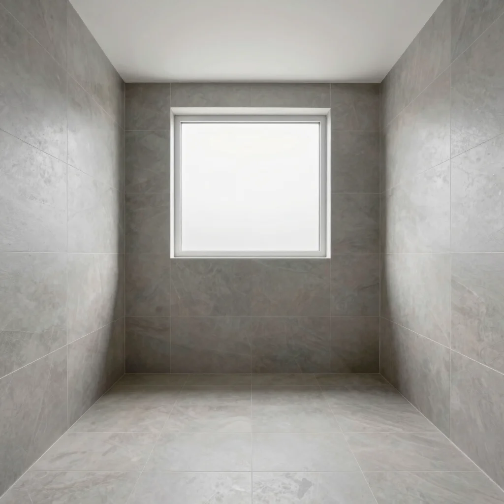 Panoramic view of a finished bathroom renovation, clean architectural lines, bright overcast daylight, sharp focus on ti