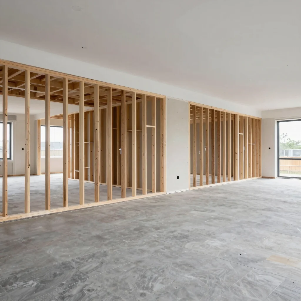 Commercial interior fit-out showing clean structural framing and new drywall, wide lens angle, neutral job-site lighting