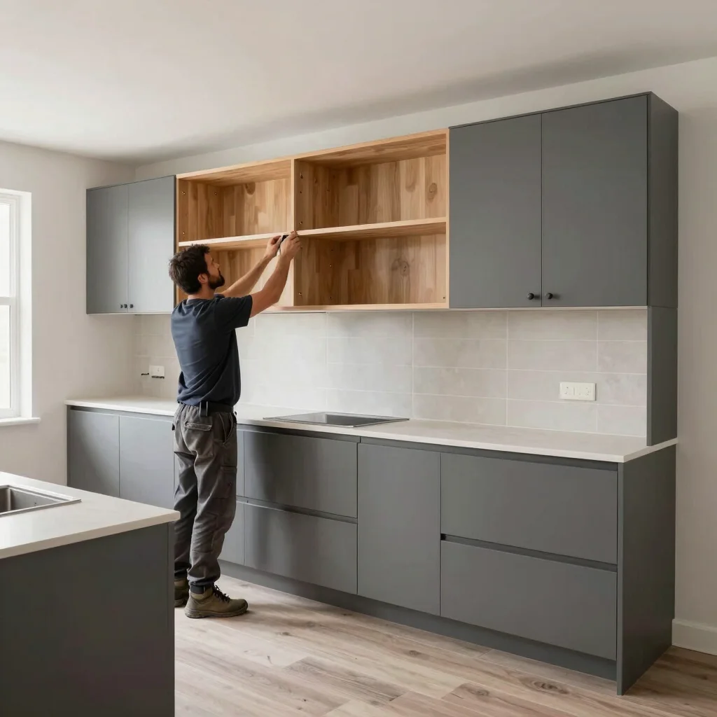Tradesperson cleanly installing custom cabinetry in a residential kitchen, bright overcast daylight, sharp focus on the