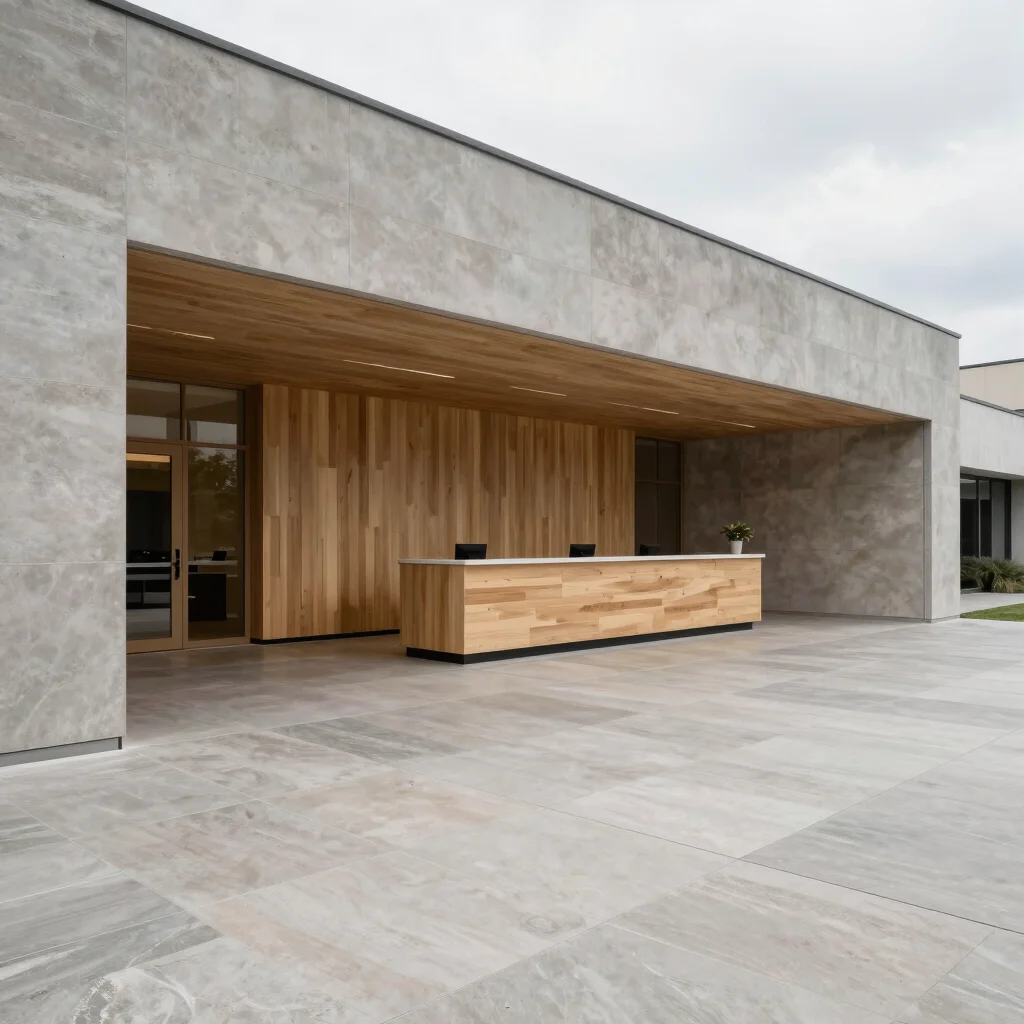 Finished commercial reception area, wide architectural angle, neutral color palette, sharp focus on spatial depth.