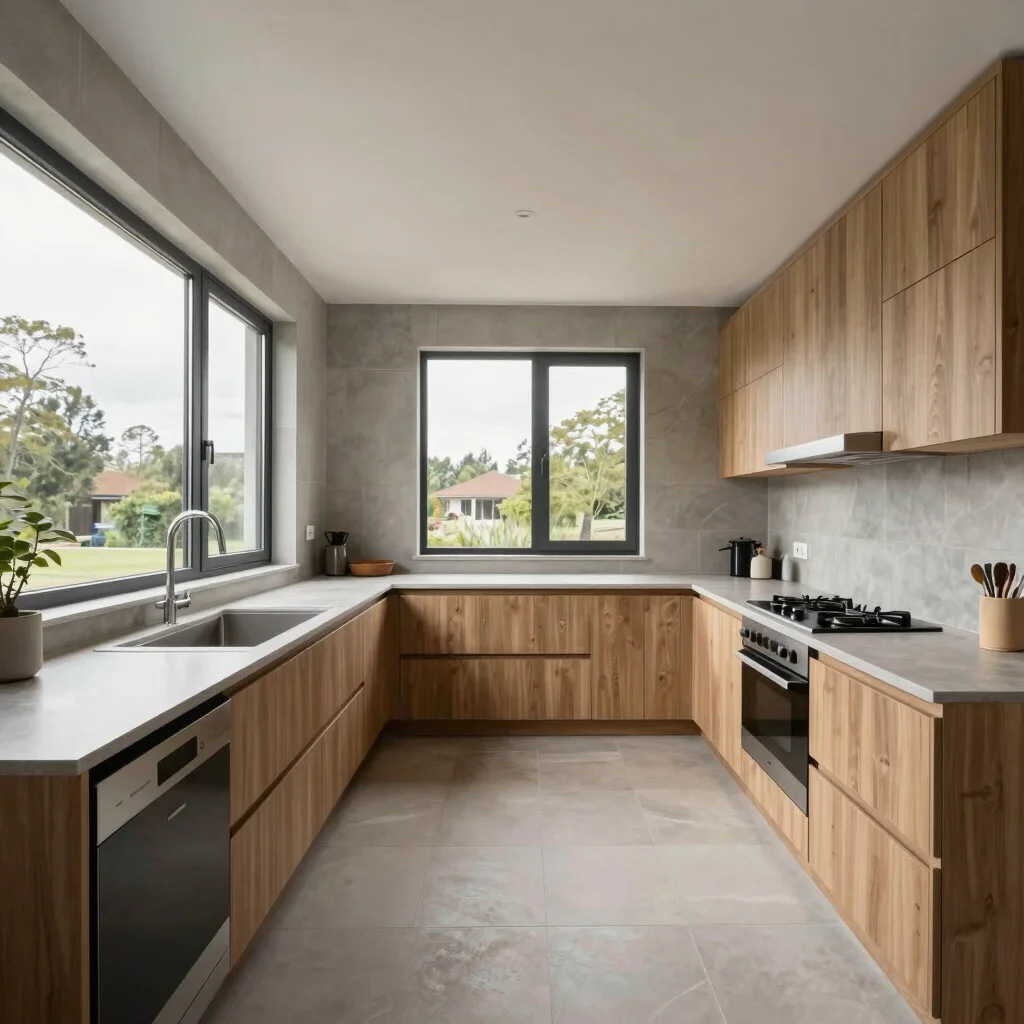 Wide architectural shot of a modern residential kitchen renovation, bright overcast daylight through large windows, neut